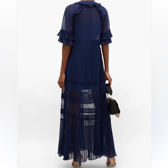 Self-Portrait Ruffled Lace Maxi Dress in Blue Sz 2 - Picture 3 of 15